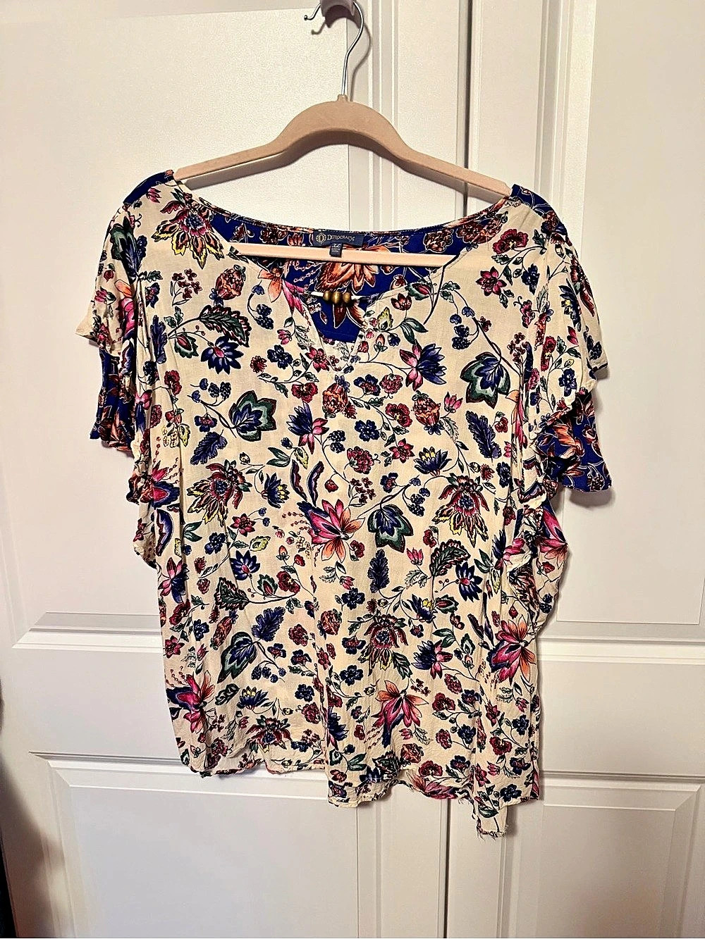 Democracy Floral Blouse in Blue & Cream Size XL